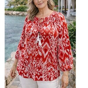 Chico's Womens Blouse Red Size 2 Large Tassel Tie Modal Long Sleeve Top Summer